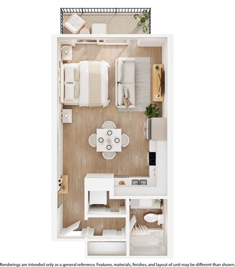 A top-down view of a small, neatly organized kitchen and dining area.